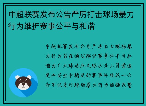 中超联赛发布公告严厉打击球场暴力行为维护赛事公平与和谐