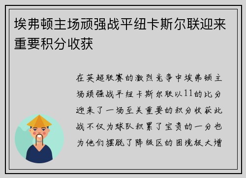 埃弗顿主场顽强战平纽卡斯尔联迎来重要积分收获