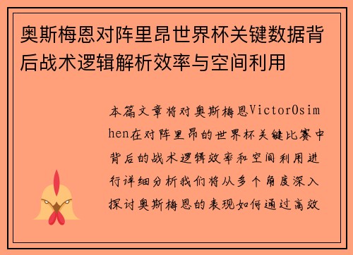 奥斯梅恩对阵里昂世界杯关键数据背后战术逻辑解析效率与空间利用