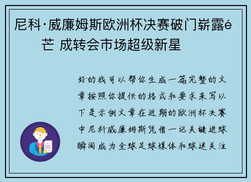 尼科·威廉姆斯欧洲杯决赛破门崭露锋芒 成转会市场超级新星 尼科·威廉姆斯欧洲杯决赛破门崭露锋芒 成转会市场超级新星